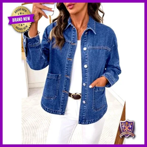 Oversized Denim Jacket Classic Boyfriend Fit Button Down Casual Chic